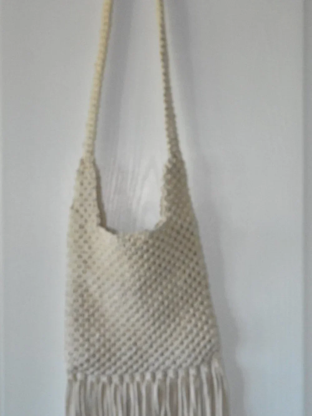 Handmade Cream Macrame Fringe Crossbody Bag 11x11 inch - Picture 3 of 4